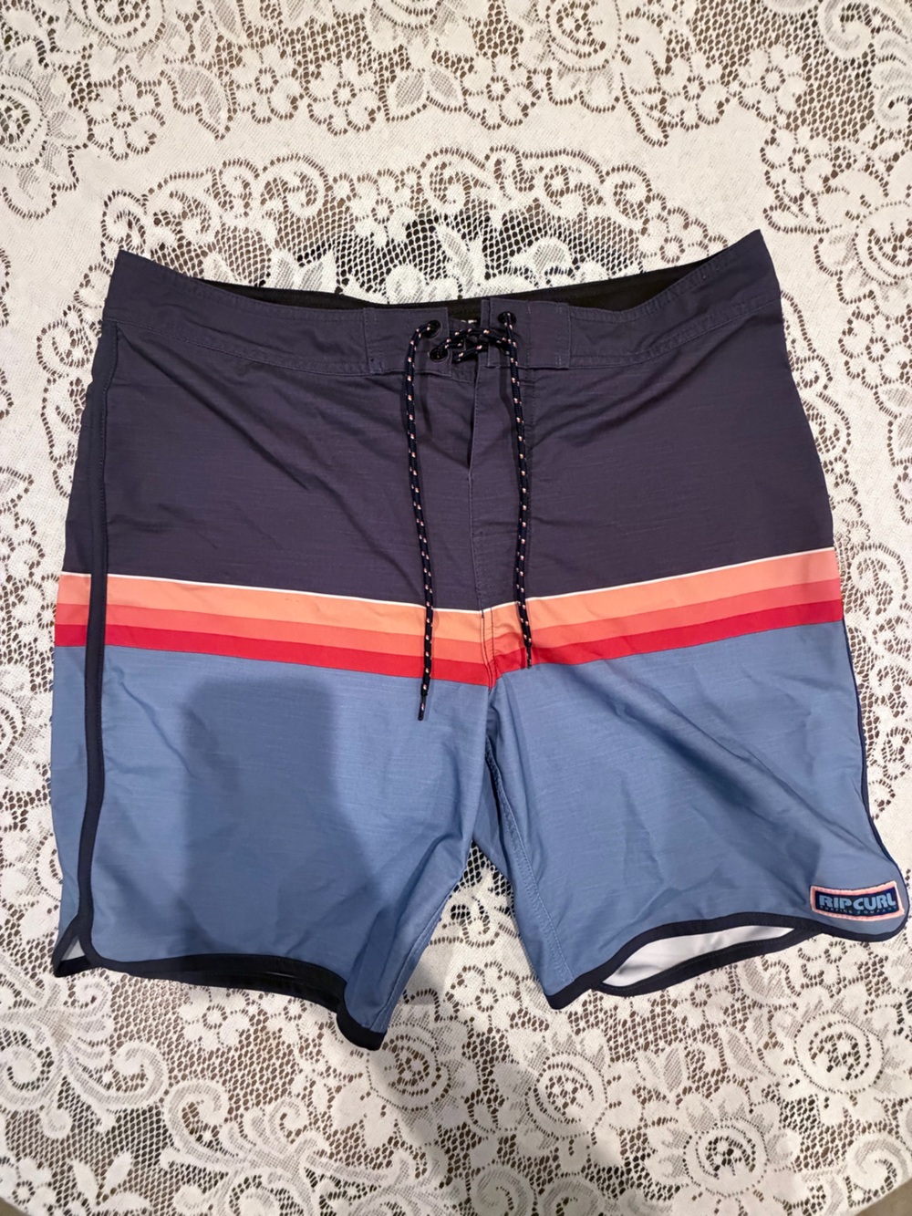 Rip Curl Navy and Light Blue Men's Boardshorts with Red Stripe